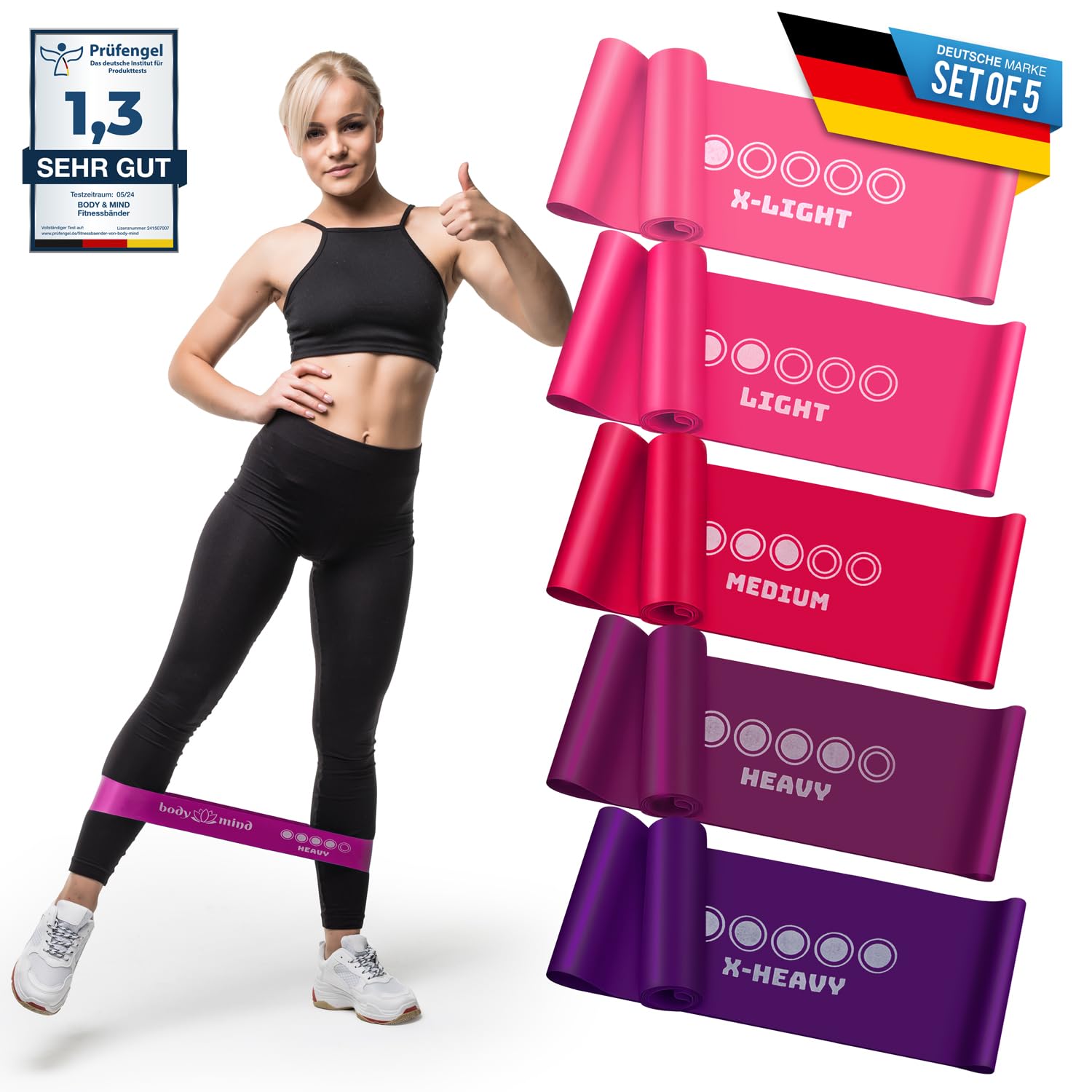 Body & Mind® fitness bands 5 pieces resistance bands in 5 levels, resistance bands training bands gymnastic bands set of 5 for muscle building, yoga, pilates & work-out; sports band 100% latex (Pink)
