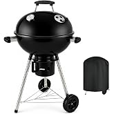 18-Inch Kettle Charcoal Grill with Cover, Porcelain-Enameled BBQ Grill with Built-in Thermometer, Adjustable Air Vents, Removable Ash Catcher, Wheels for Backyard BBQ, Patio &amp; Outdoor Cooking