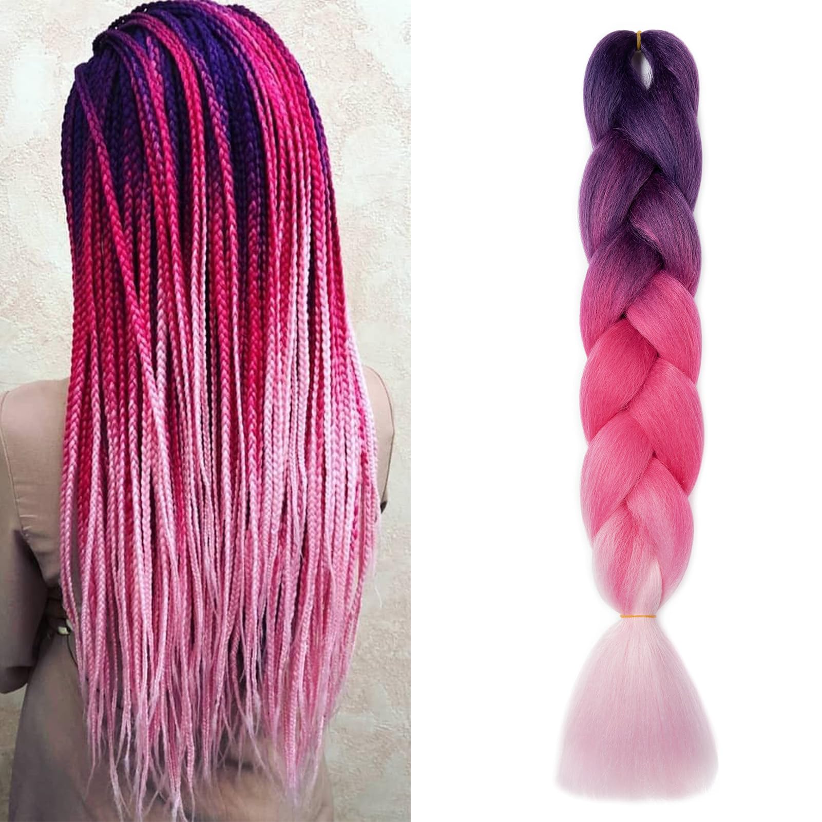 Dcbaboo Hair Extensions for Braiding Jumbo Braiding Hair Extension 1pack 24inch Synthetic Hair Kanekalon Ombre Braids Extensions Hair Afro Crochet Twist Box Braids 100g, Purple-Peach Pink-Pink — image 1