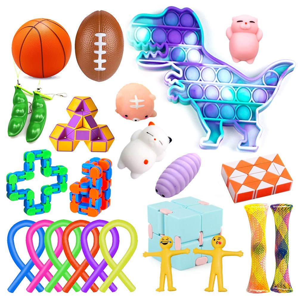 24 Pack Sensory Fidget Toys Set, Stress Relief and Anti-Anxiety Toys Bundle for Kids＆Adults, Push Pop Bubble, Mochi Squishy, Squeeze Balls, Soybean Squeeze, Flippy Chain, Infinity Cube & More
