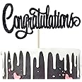 Congratulations Cake Topper, Congrats Grad Graduate, 2025 Graduation/Wedding/Birthday/Anniversary/Retirement Celebration Party Decorations Supplies, Black Glitter