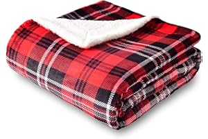SOCHOW Sherpa Plaid Fleece Throw Blanket, Double-Sided Super Soft Luxurious Bedding Blanket 50 x 60 inches, Red/Grey