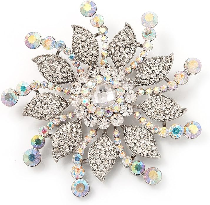 Avalaya Large Bridal Diamante Flower Brooch in Rhodium Plated Metal