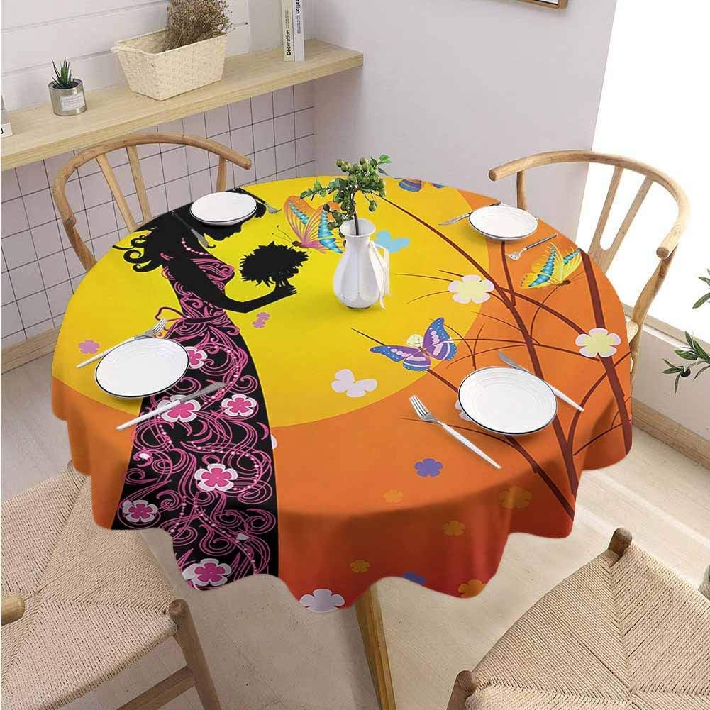 DILITECK Teen Girls Outdoor Round Tablecloth Flowers Butterflies and Silhouette of Girl in Floral Dress Bouquet Fantasy Art Round Table Diameter 36" Orange Black