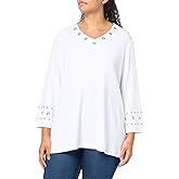 MULTIPLES womens Three Quarters Sleeve V-neck Top With Embellishment