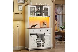 72" Coffee Bar Wine Cabinet with Sliding Barn Door & LED Lights, Sideboard Buffet Cabinet with Wine Bottle Rack, 3 Drawers, S