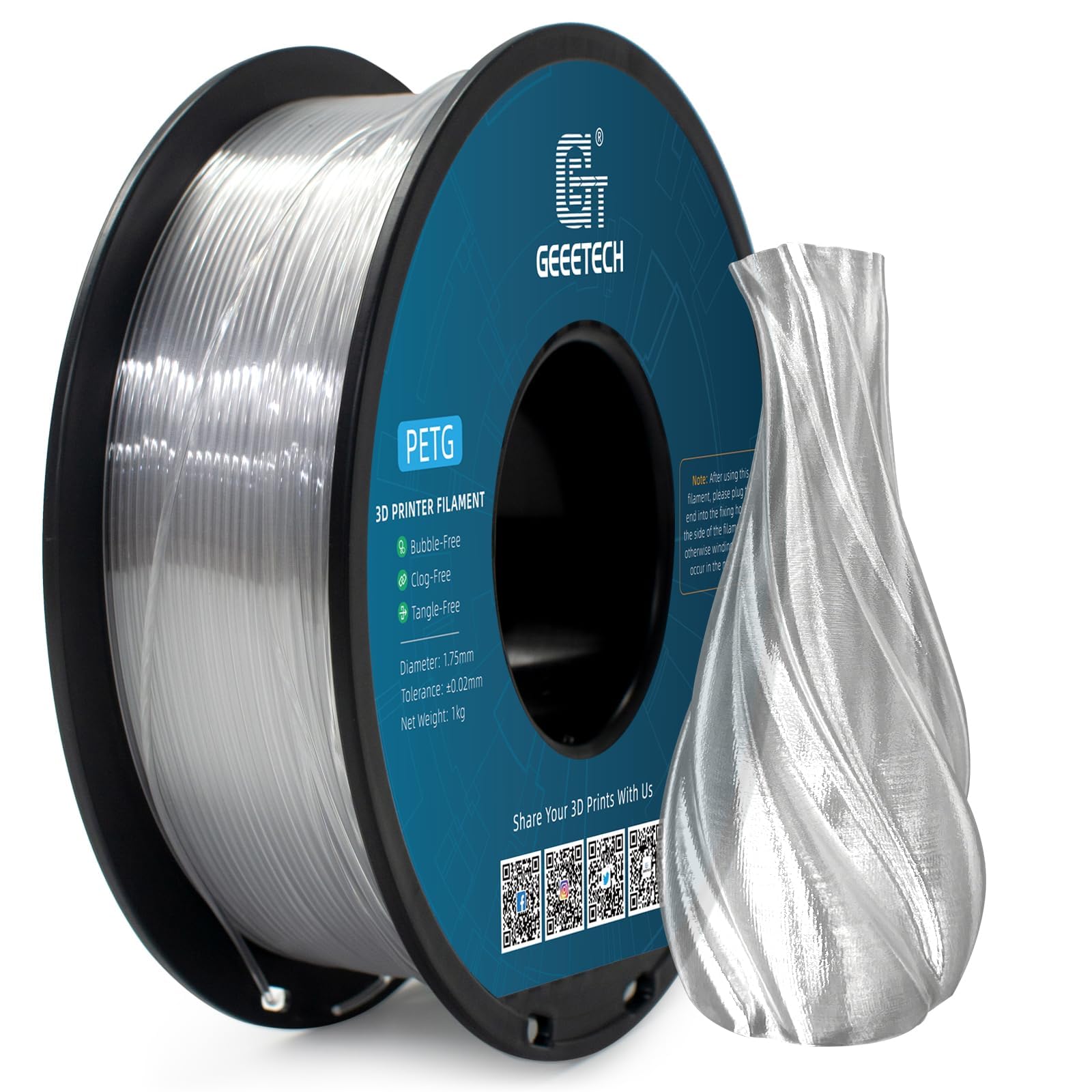 Geeetech PETG Filament 1.75 mm Transparent PETG 1 kg Spool for 3D Printer
