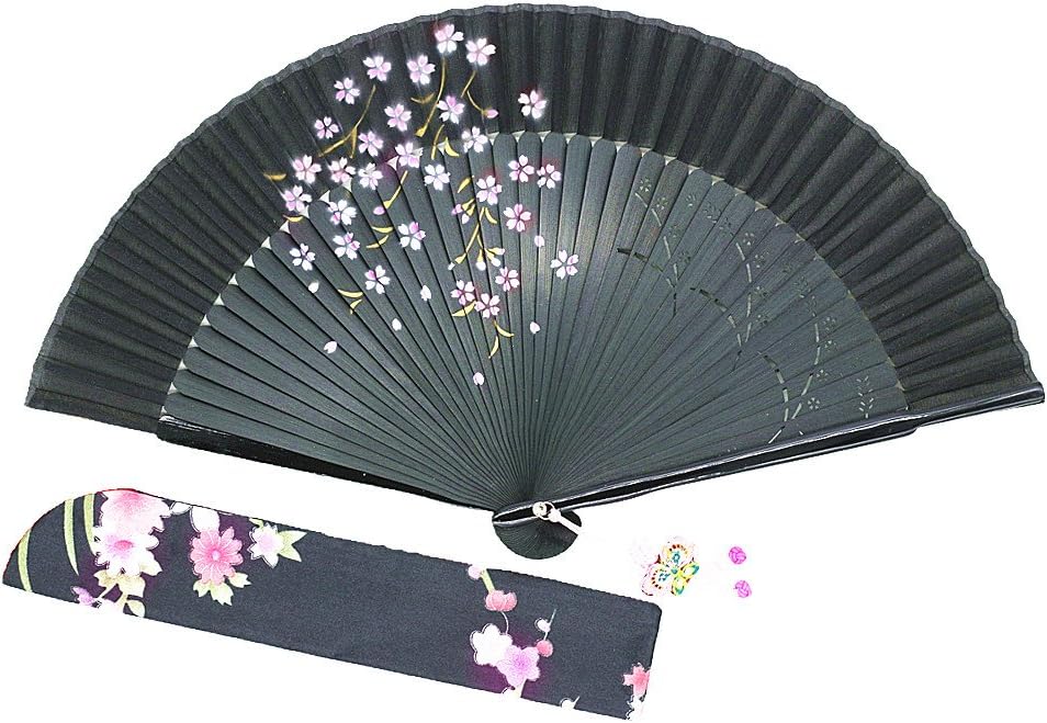 Wise Bird Hand Held Folding Cooling Fan F718 (Design 2018) Japanese Chinese Handheld Silk Breeze Pocket Fan For Women,Outdoor Wedding Party Decorations with Silk Pouch and Embroidery.Gifts for Women