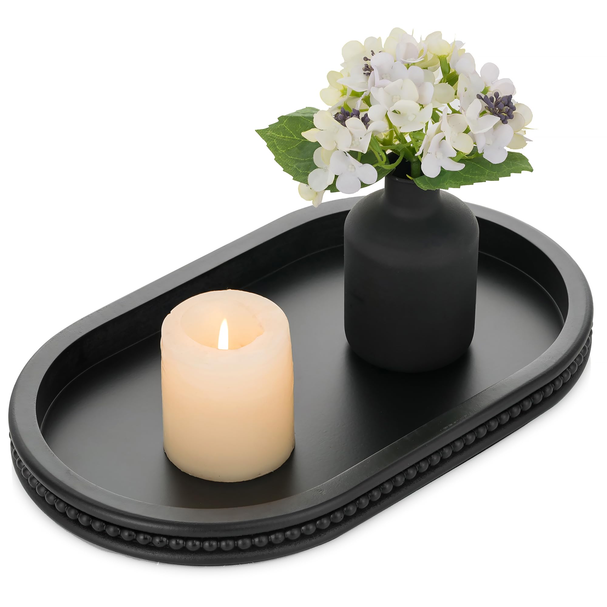 Hanobe Serving Wooden Decorative Tray: Black Beaded Oval Coffe Table Tray for Centerpiece Decor - Modern Wood Candle Plates for Counter Display