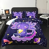Galaxy Axolotl Comforter Set Queen Size,Kawaii Animals Cartoon Space 3 Bedding Set for Girls Boys Kids,Rocket Starry Sky Lightweight Down Alternative with 2 Pillowcases for Bedroom Decorative