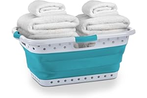 Pop & Load Collapse & Store 1 Large 25" Slim Collapsible Plastic Laundry Basket, Space Saving Portable Pop Up Storage & Organization Basket, 3" High When Folded, 3 Comfort Grip Handles, Teal