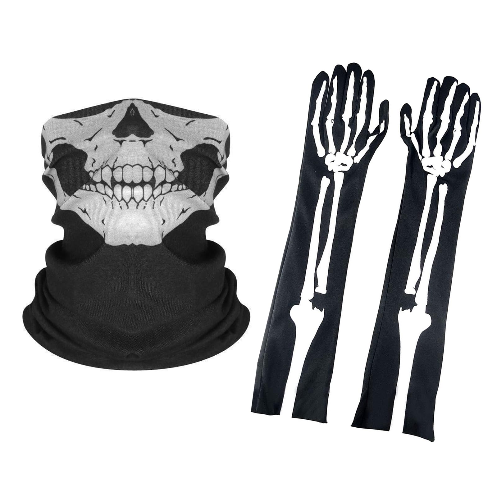 Halloween Skeleton Gloves 50cm Long and Skull Face Mask Half Ghost Bones for Adult Hallowmas Cosplay Dance Costume Party