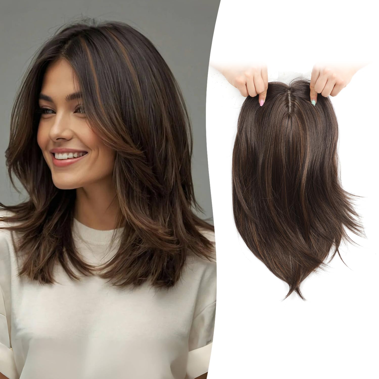Photo 1 of Megito Hair Topper 12inch Clip in Synthetic Hair Toppers for Women with Thinning Hair Layered 6.5"X6.5" Big Base Toppers Hair Pieces for Women Natural Look Medium Brown with Highlights