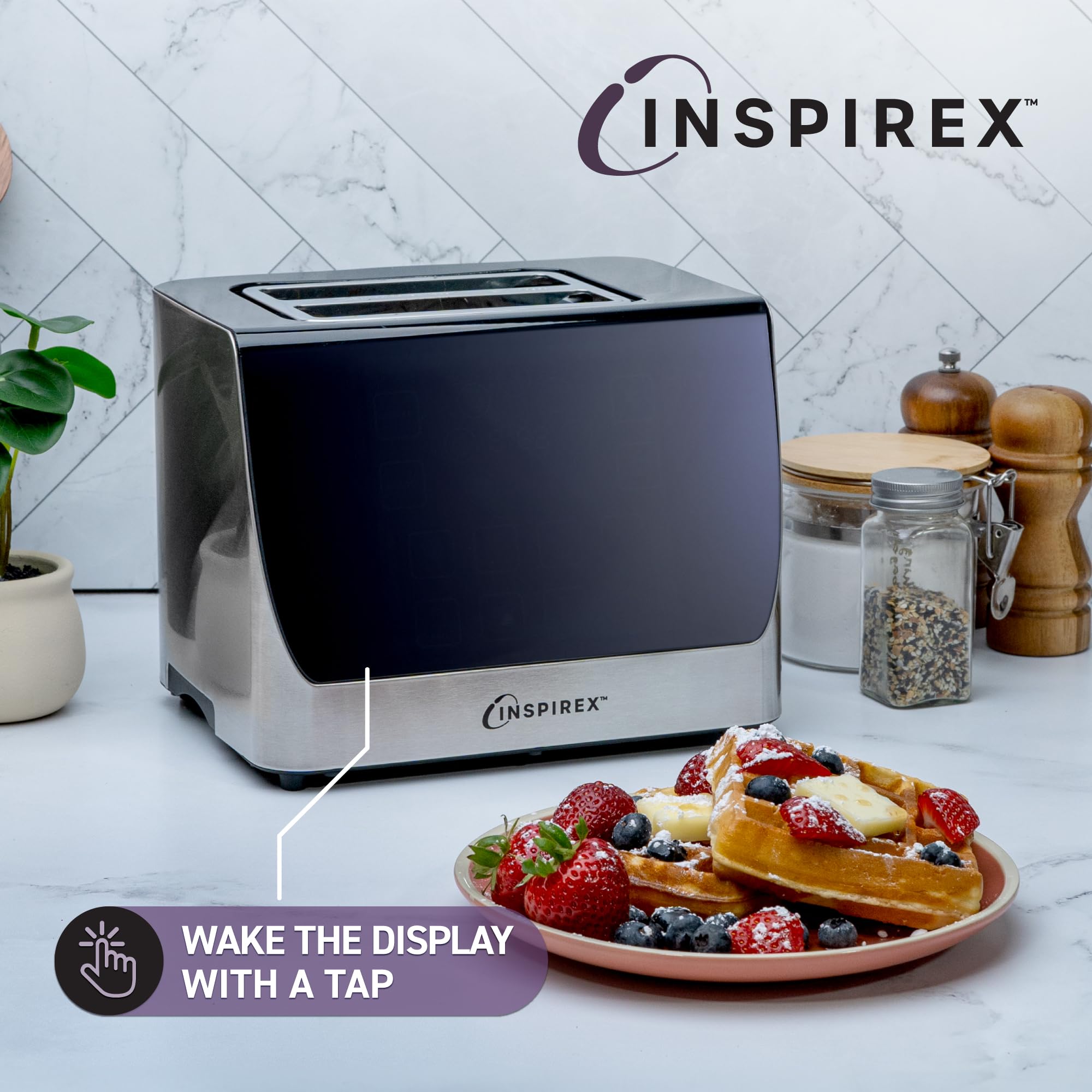 Inspirex Tostadora inteligente con pantalla táctil, 2 rebanadas con 8 tipos de pan y 7 modos de dorado, descenso y elevación automáticos, cuenta regresiva digital, estilo moderno, acero inoxidable