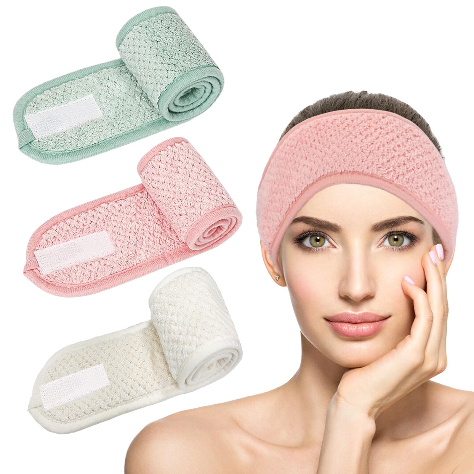 KEYRI 3 PCS Spa Facial Headband, Spa Headbands for Women Make Up Hair Headband Skincare Headbands Towel Head Band Adjustable Coral Fleece Elastic Hair Band for Washing Face Sports (Green, Pink, White)