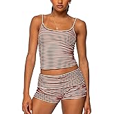 2pcs Women's Striped Outfits Sexy Sleeveless U-neck Backless Crop Tank Top Matching Fold Over Shorts Pajamas Set
