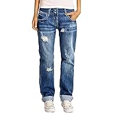 Flamingals Women's Straight Leg Mid Rise Vintage Wash Ripped Distressed Denim Jeans with Pockets