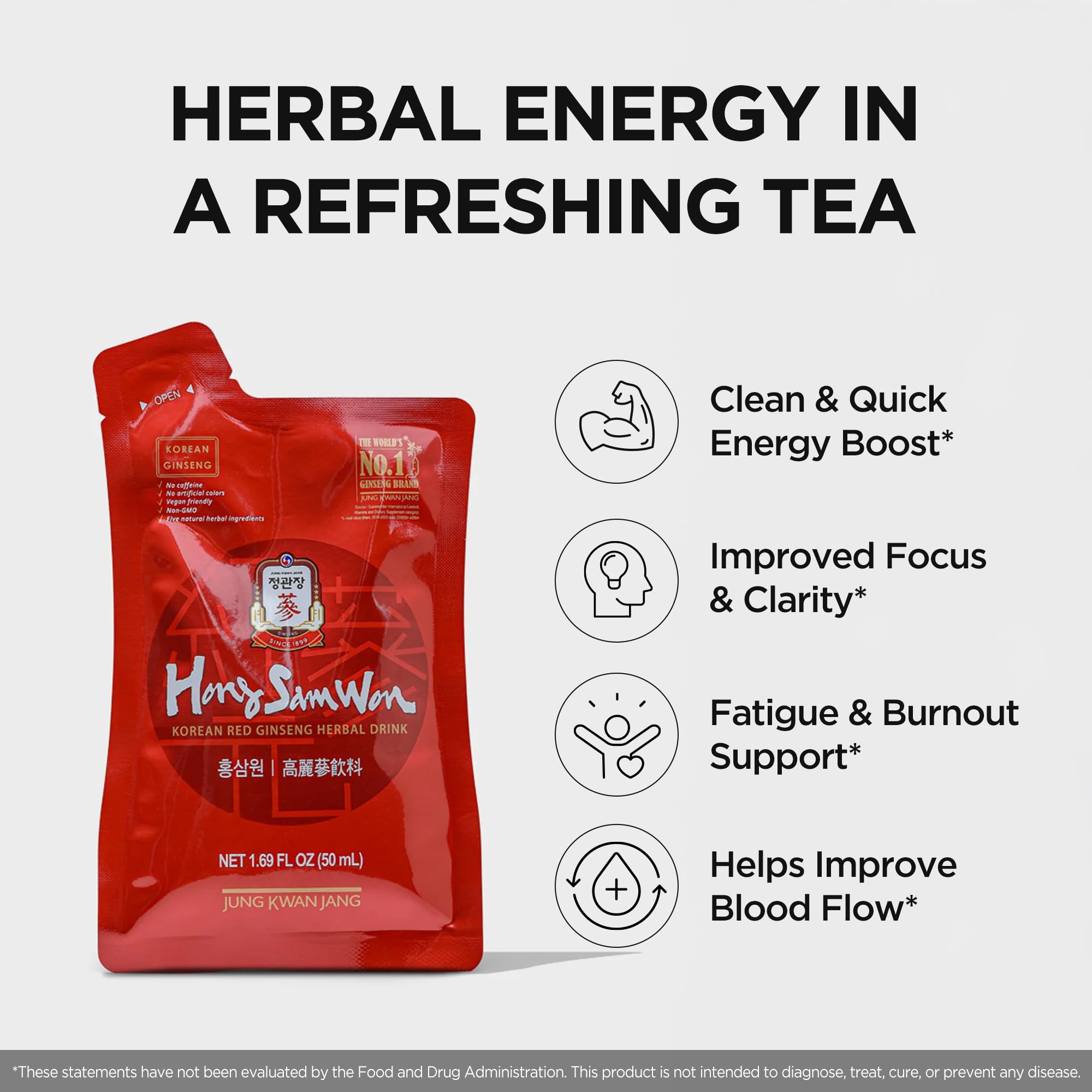 JUNG Kwan Jang Hong Sam Won Korean Red Ginseng Drink | Energy Drink, Pre Workout, Herbal Tea, Ginseng Supplement | Jujube, Ginger, Cinnamon, Goji Berry | Vegan Friendly (20 Count)