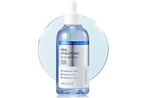 WELLAGE Real Hyaluronic Blue Ampoule 100, Korean Serum, Fragrance Free Hyaluronic Acid Ampoule with Panthenol, Wild yam, Centella for Sensitive Dry Skin Moisturizer 2.54 fl.oz