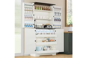 REVOMINCA 72" Kitchen Pantry Storage Cabinet, Farmhouse Pantry Cabinet with 8 Hanging Rack Shelves & 3 Pull-Out Racks, Pantry Storage Cabinet, Freestanding Cupboard for Kitchen, Dining Room, White