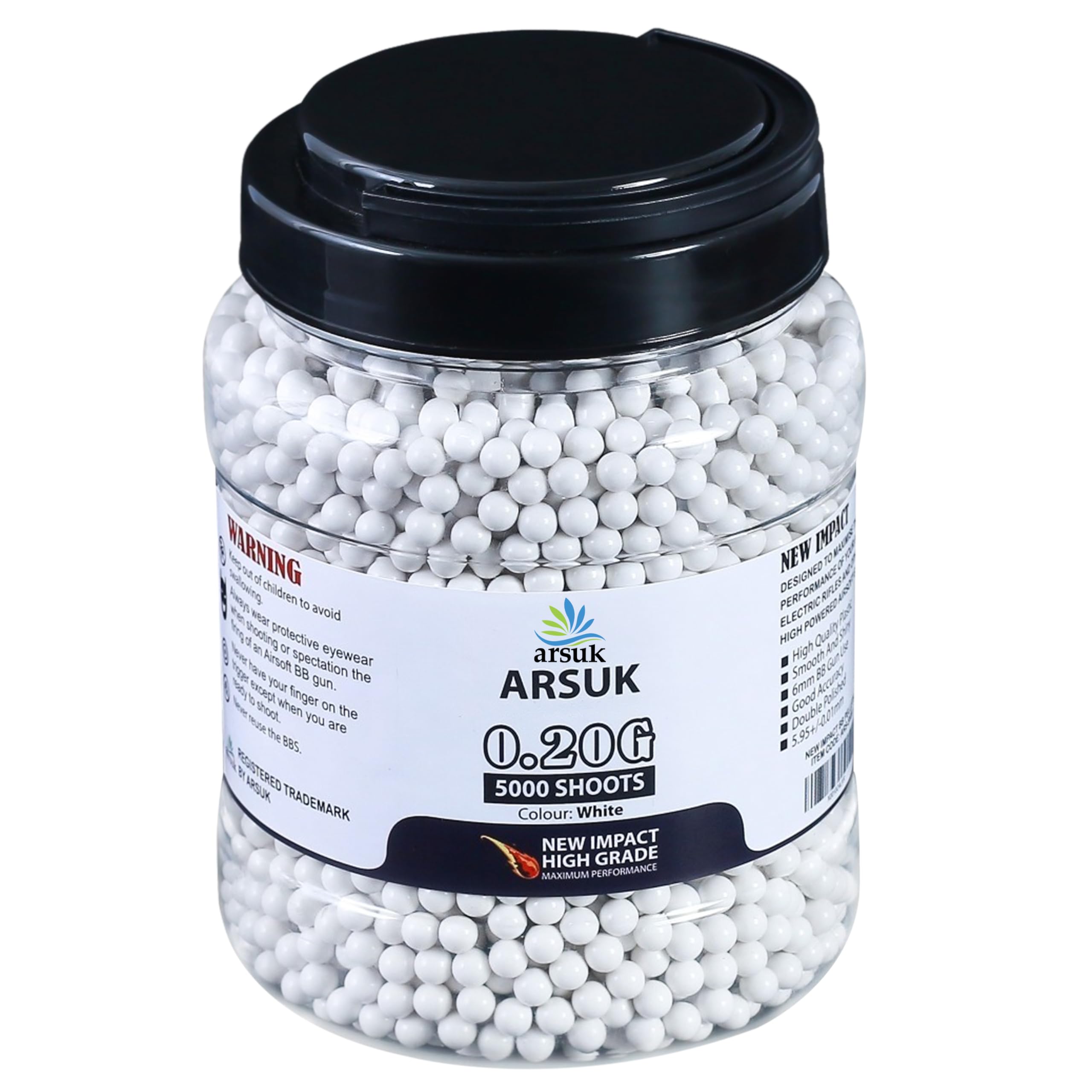 ARSUK 6mm Airsoft BBs 0.20g - Seamless 6mm Plastic Pellets for Precision Target Practice & Tactical Shooting BBs for BB Guns, Airsoft Pistols (0.20g 5K Tub White)