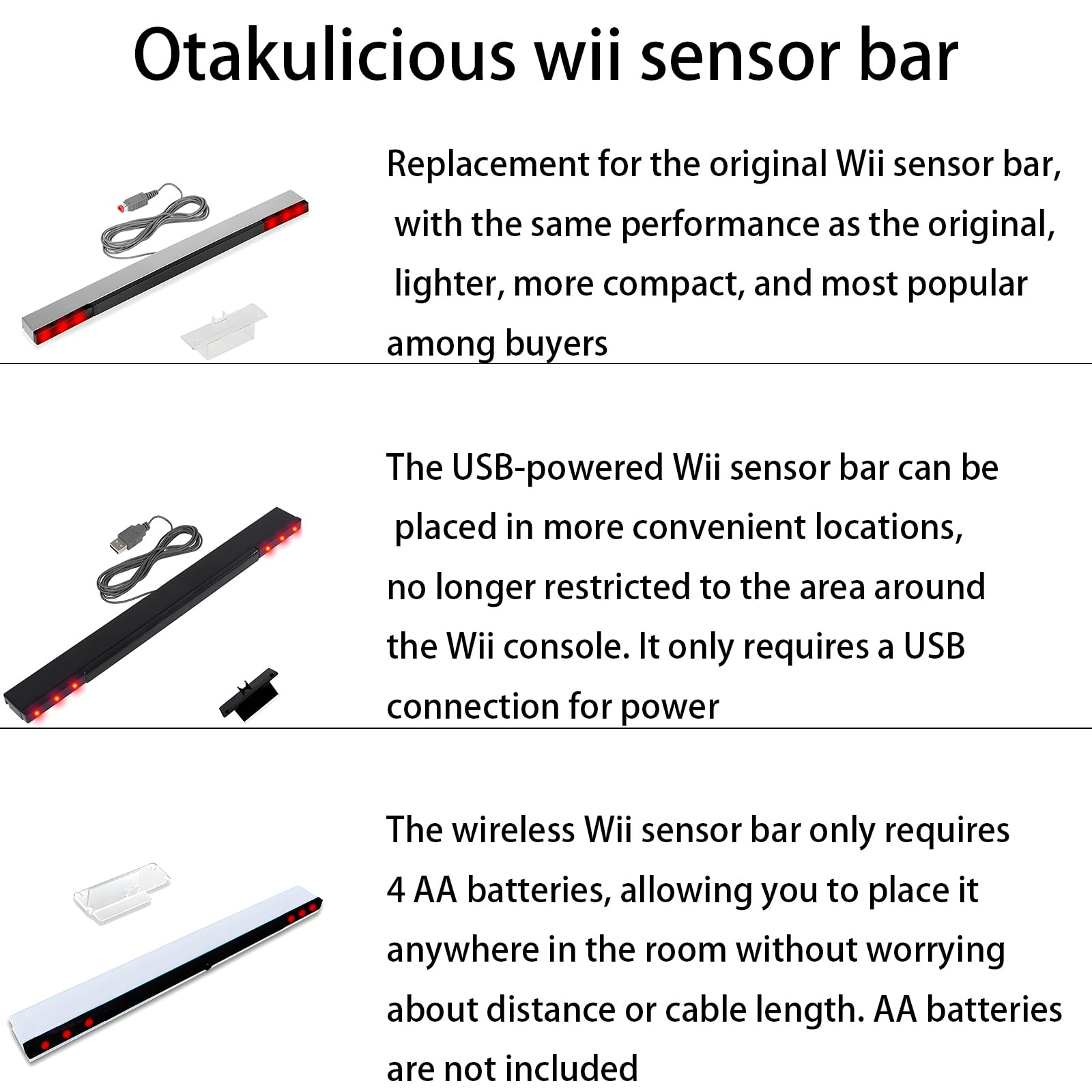 Otakulicious Wireless Wii Sensor Bar, Wireless Sensor Bar for Wii U Motion Dolphin Bar for Nintendo Console