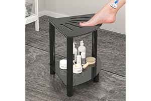 Huhote Metal Corner Shower Foot Stool for Shaving Legs, Corner Shower Shelf for Inside Shower Waterproof, Shower Bench with Storage Shelf, Shower Chair Seat, Shower Shaving Foot Rest, Black