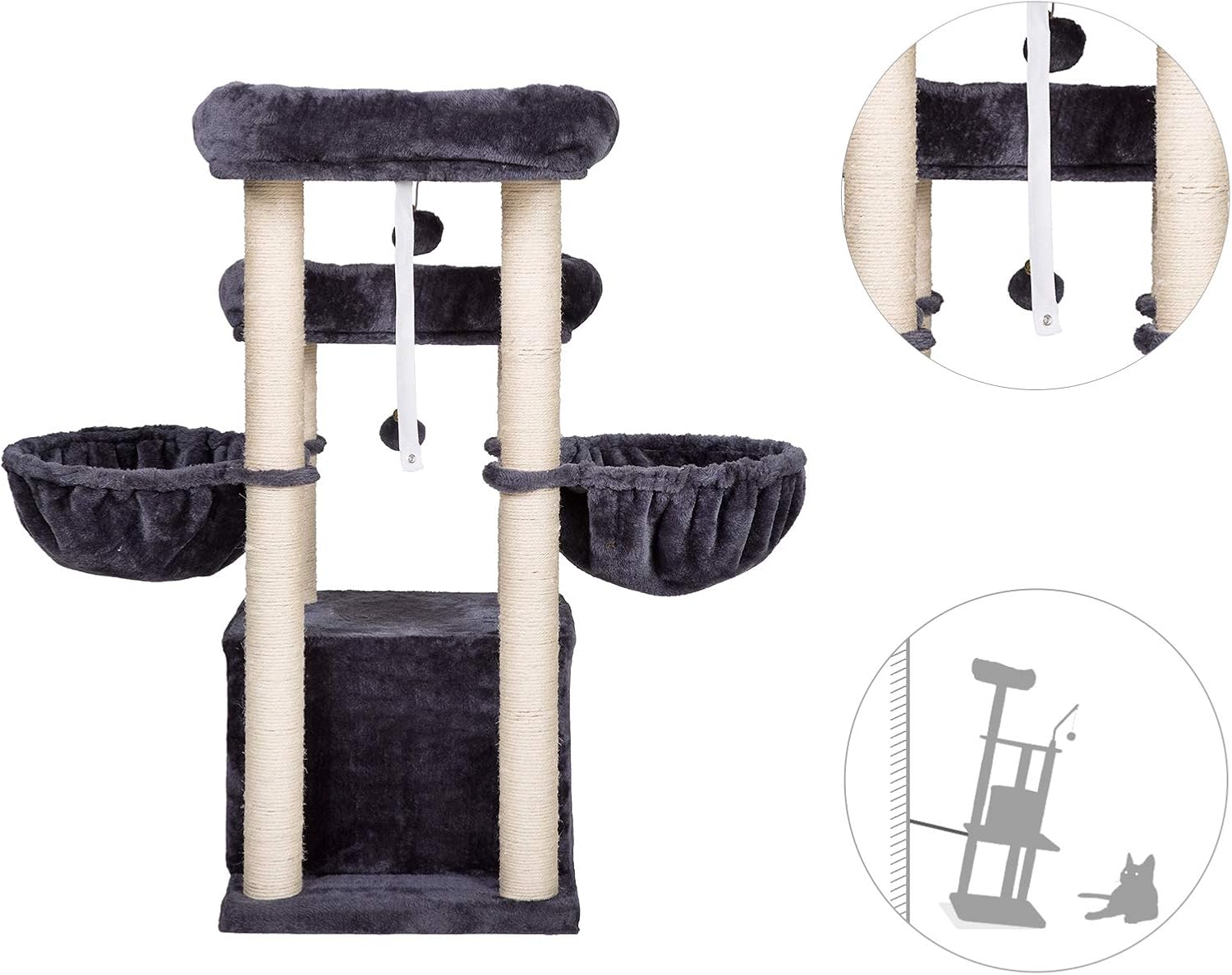 Hey-brother 37.8 inches Medium-Size Cat Tree for 3 Cats Use with Luxury Condo, Cat Tower with 2 Padded Plush Perches and 2 Cozy Baskets, Smoky Gray MPJ006G : Pet Supplies