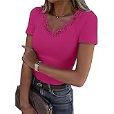 Dlaboonba Womens Lace V Neck Tops Short Sleeve Ribbed Knit Top Summer Slim Fit Casual T Shirts Blouse
