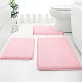 HOMEIDEAS Upgraded Bathroom Rugs Set 3 Piece, Extra Thick Absorbent Soft Memory Foam, Washable Toilet Bath Mat (Light Pink,17"x24"+20"x32"+U Shape 20"x24")