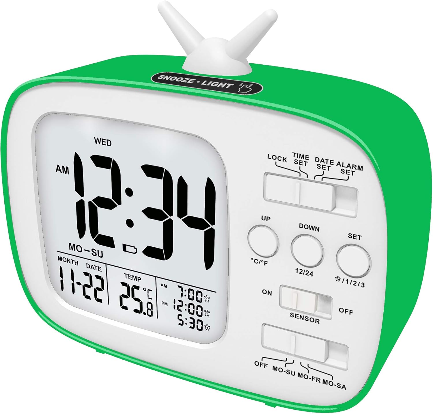 Battery Digital Alarm Clock, 3 Alarms with Workdays Setting