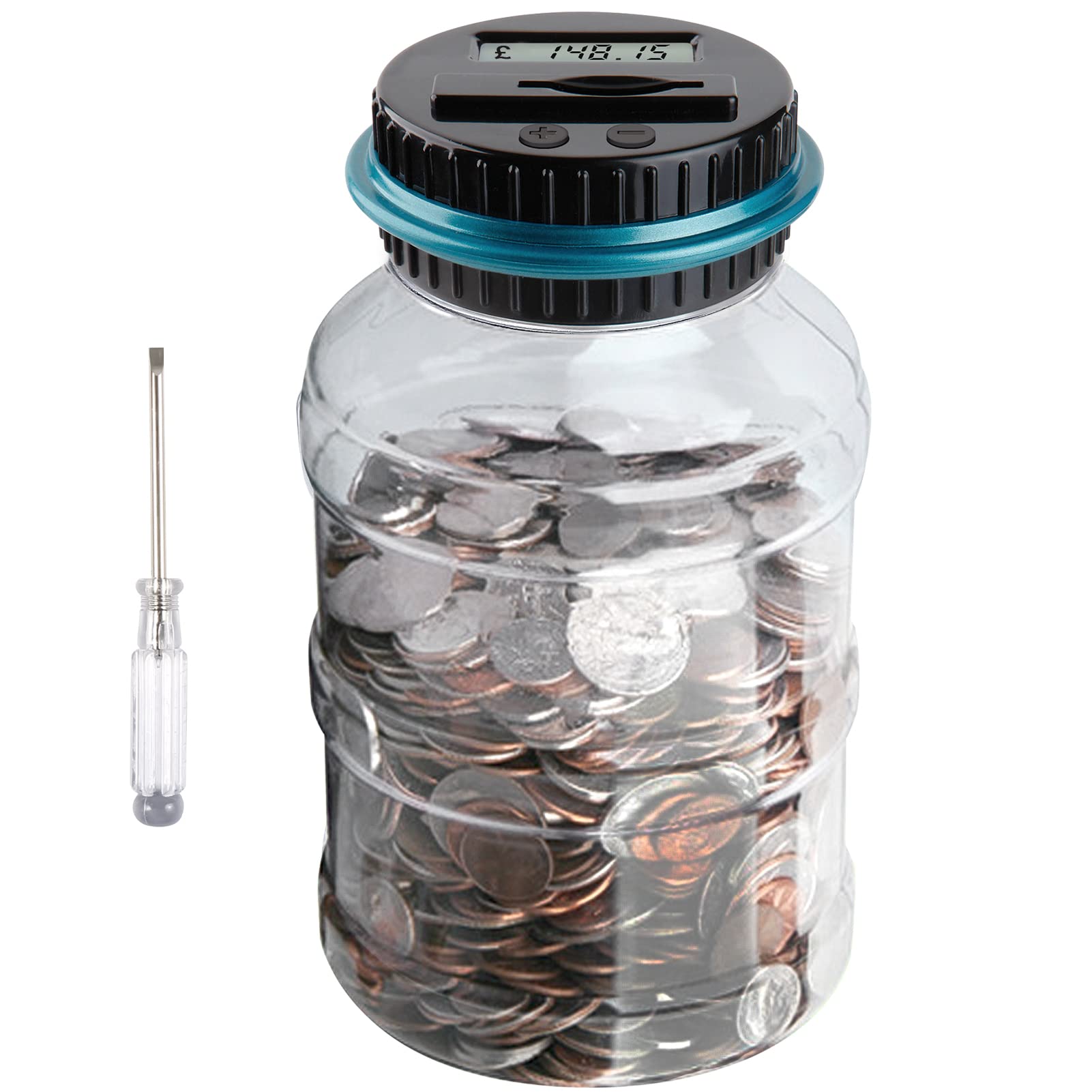 Digital Coin Bank, Jeowoqao Coin Counting Jar with LCD Display, 1.8L Large Capacity Piggy Bank Coin Counter Money Jar for UK Coins, Electronic Saving Money Box Gift for Boys Girls