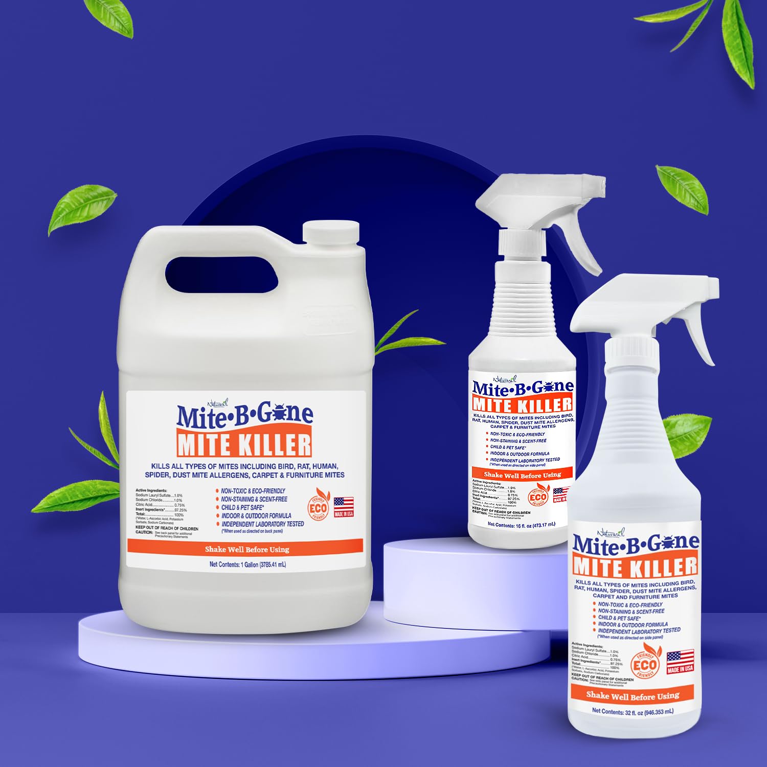 Mite Killer Spray by Mite-B-Gone — Kills Human Mites, Bird, Dust, Spider, Rat, Turkey, Carpet Mites. Treatment for Homes, Furniture, Bedding, Auto & Animals | Non-Toxic | Kid & Pet Safe | 16oz Spray