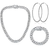 Batiyeer 3 Pcs Cuban Link Chain Necklace Bracelet Rhinestone Hoop Earrings Bling Crystal Hip Hop Jewelry for Women(20 Inch,Silver)