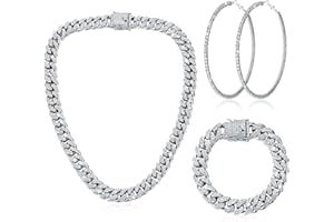 Batiyeer 3 Pcs Cuban Link Chain Necklace Bracelet Rhinestone Hoop Earrings Bling Crystal Hip Hop Jewelry for Women(18 Inch,Silver)