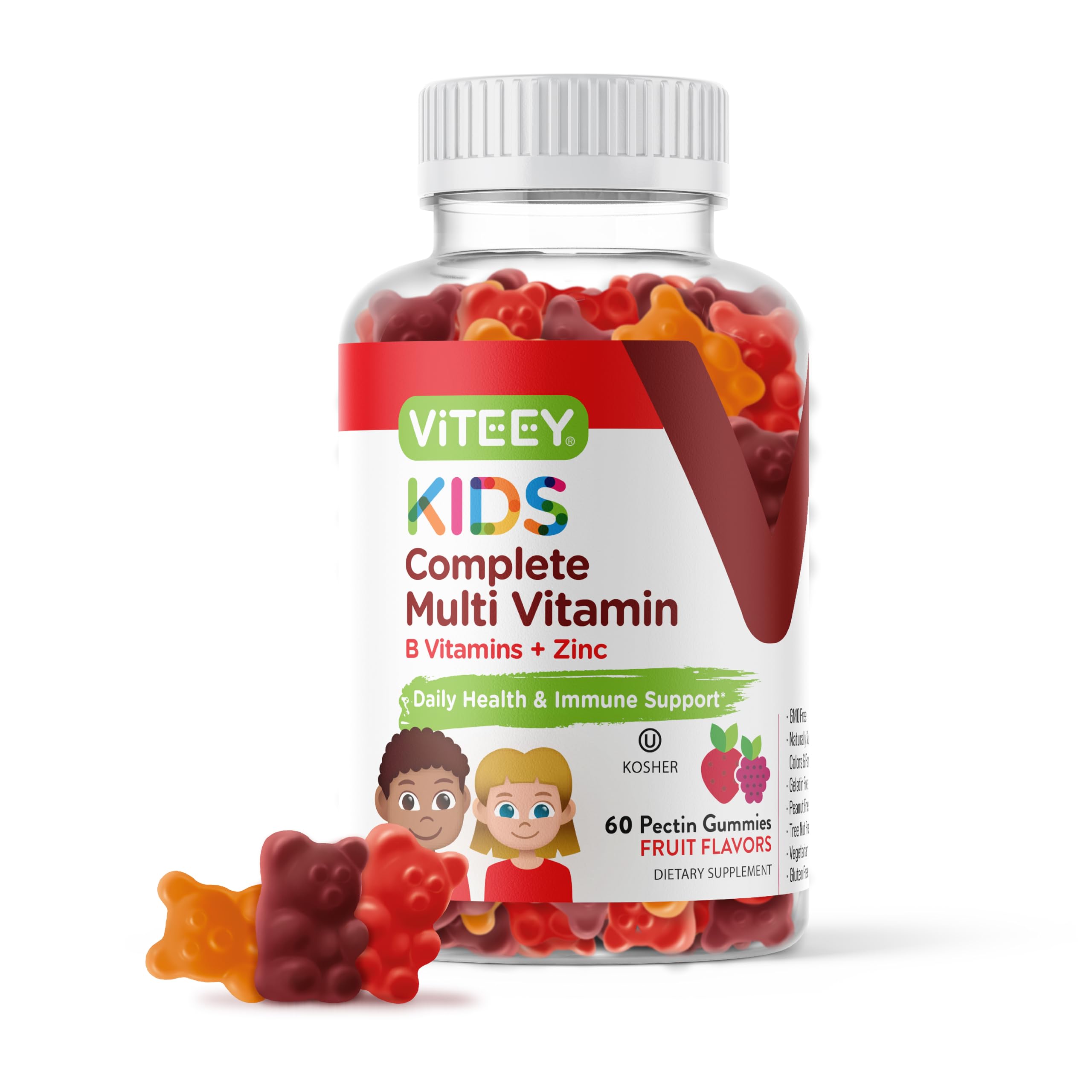 Viteey Kids Multivitamin Gummies, Complete Daily Essential Kids Vitamins - Great for Immune Support & Overall Health - 12 Essential Minerals & Vitamins - Vegetarian, Gelatin Free- Fruit Flavor Gummy