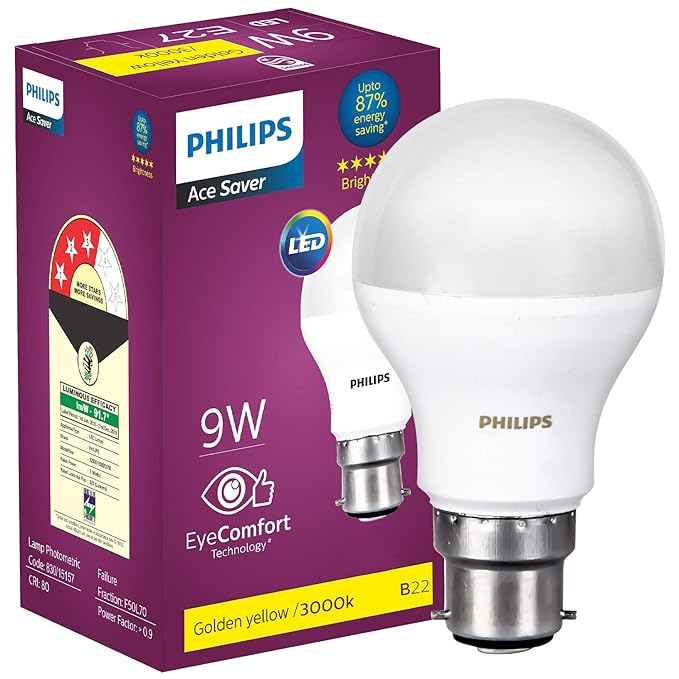 Philips B22 9-Watt LED Bulb (Warm White and Golden Yellow)