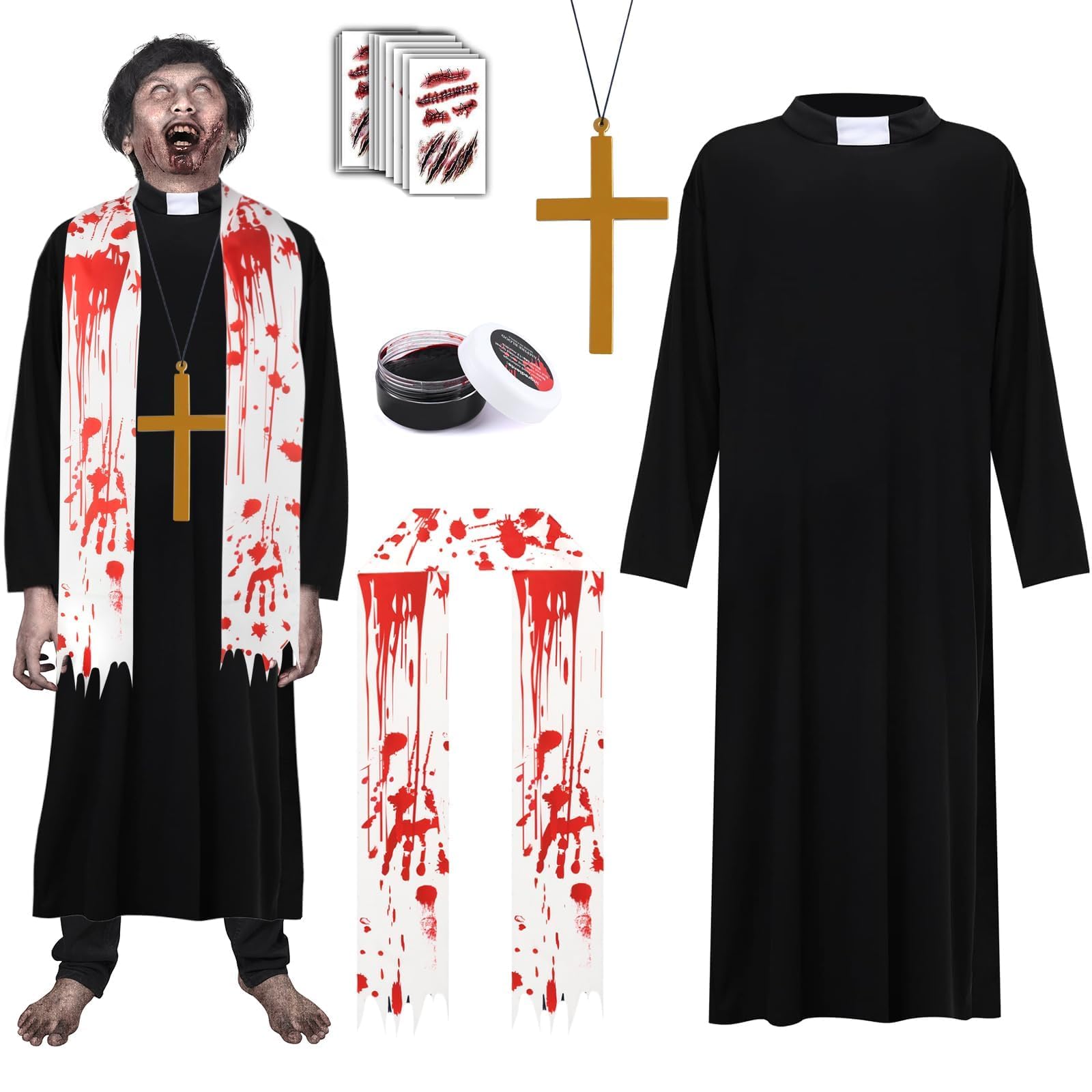 Kavoc 5 PCS Zombie Priest Costume Set Include Robe Stole Plastic Cross Stickers Fake Blood Gel for Men Halloween Dress Up Black (XL)