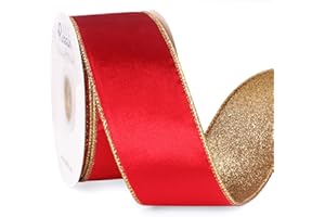 Ribbli Red Velvet Ribbon Wired 2.5 Inch Glossy Velvet with Gold Glitter Christmas Ribbon for Christmas Tree Decoration Big Bow Gift Wrapping Crafts Wreaths Supplies - Continuous 10 Yards
