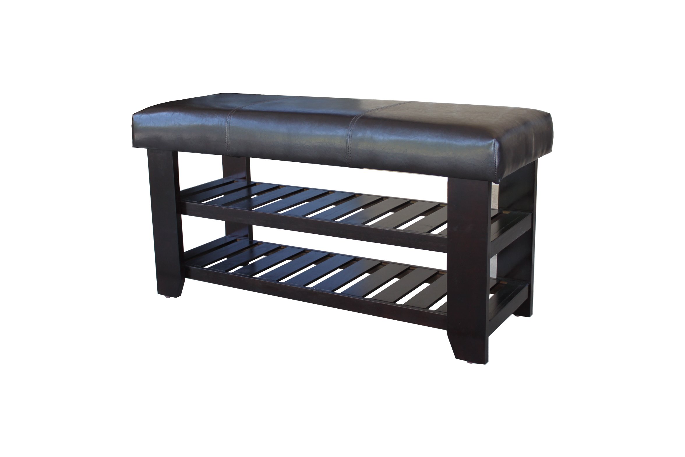 Wooden Shoe Bench with Dark Brown Faux Leather Seat LAVORIST