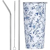 Qwalnely Blue and White Tumbler 20 OZ with Lid and Straw, Insulated Tumbler Cup Mug, Floral Gifts for Men Women