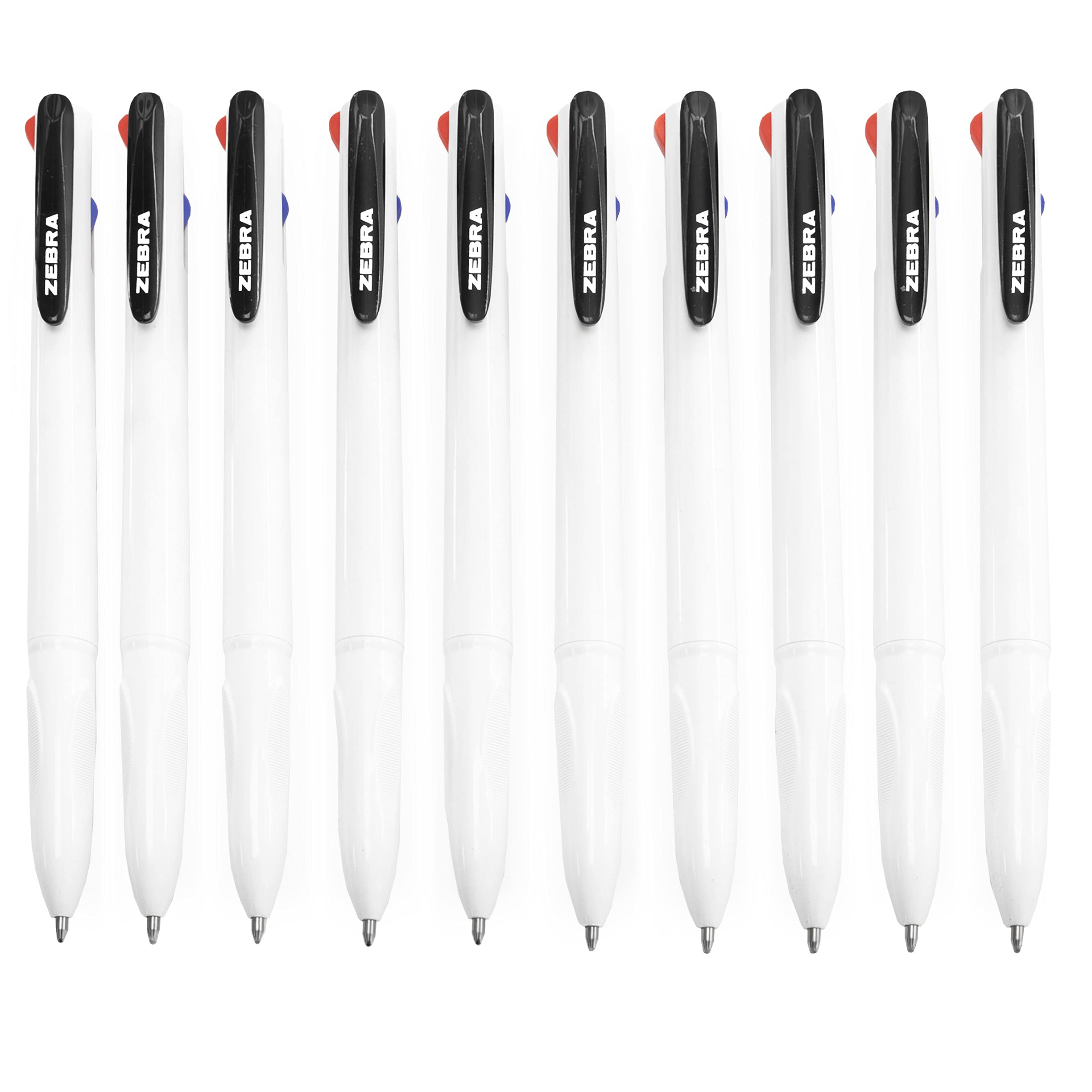 Zebra Z-Grip Elegance 4 in 1 Colours Retractable Ballpoint Pen - 1.0mm - White Barrel - Black, Blue, Red, Green - Pack of 10