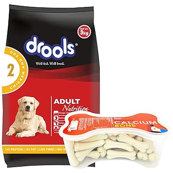 Drools Chicken and Egg Adult Dog Food, 3 kg with Free 300 gm Bone (20 Pieces)