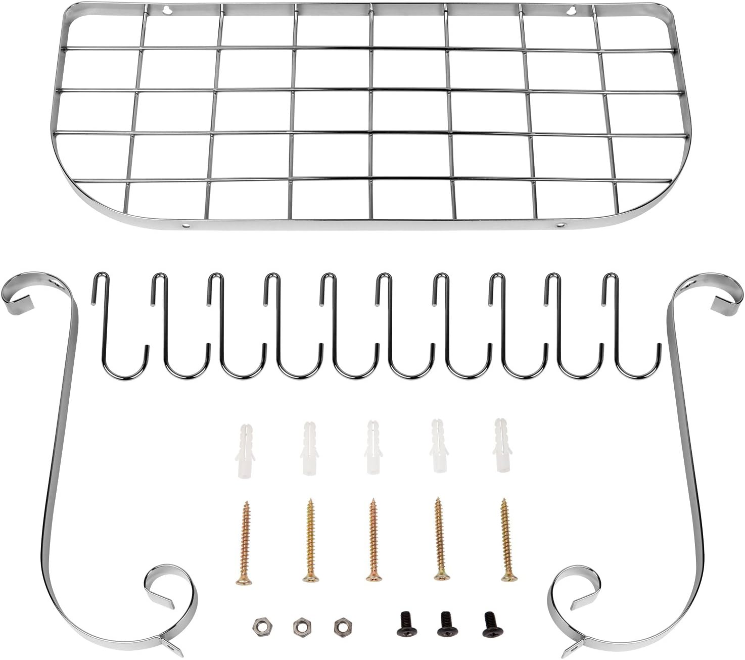 VDOMUS Square Grid Wall Mount Pot Rack, Bookshelf Rack with 10 Hooks, Kitchen Cookware, 24 by 10-inch (Sliver): Kitchen & Dining