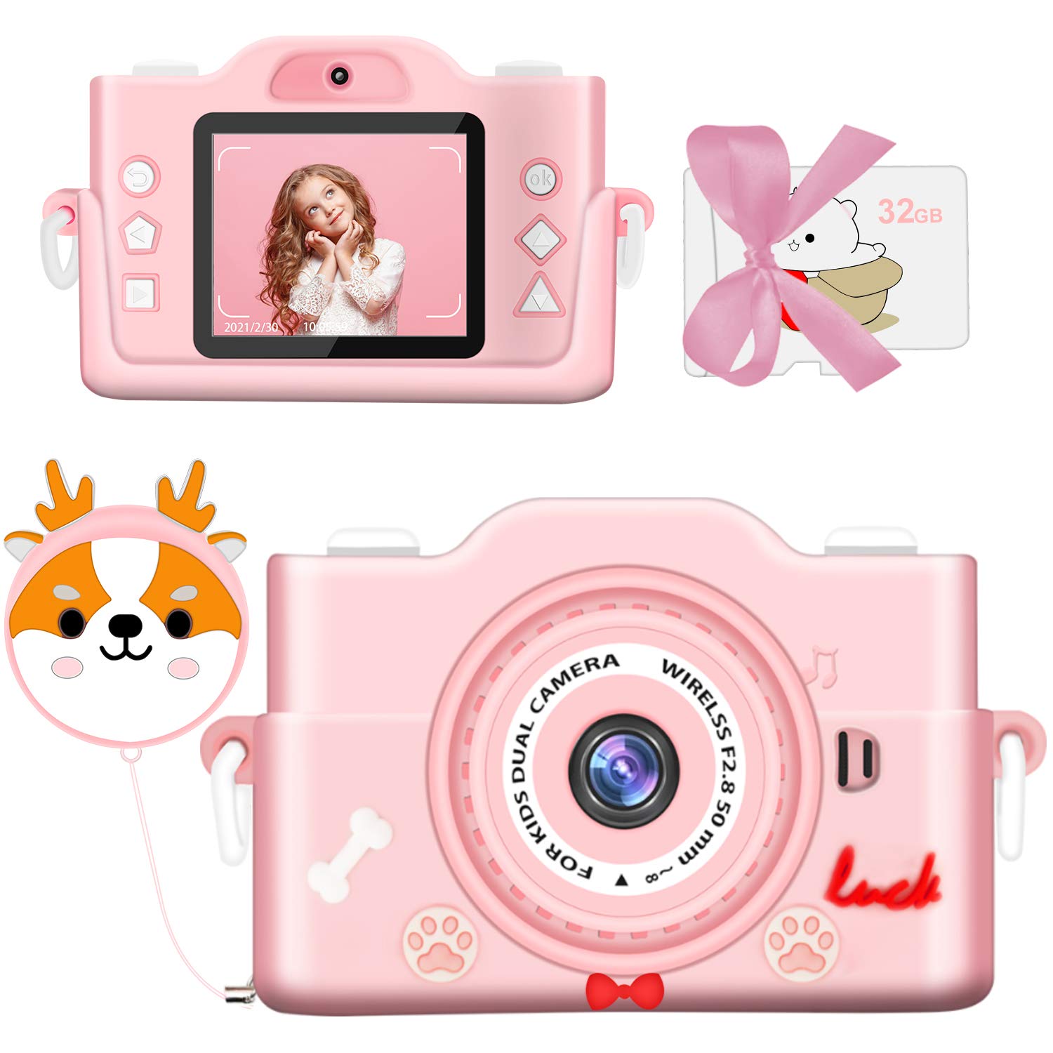 子供カメラ 子ども用デジタルカメラ トイカメラ 7000万画素 1080P HD録画 8倍ズームタイマー撮影 自撮可能 MP3 ＆ゲーム機能付き USB充電 32GBメモリーカード付き 子供のおもちゃ 子供プレゼント 年齢制限6+ (pink)商品画像