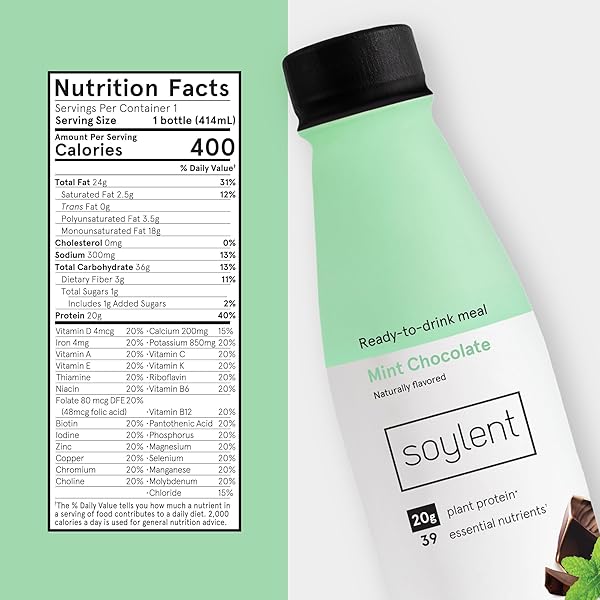 SOYLENT COMPLETE MEAL REPLACEMENT SHAKE, MINT CHOCOLATE, 20G COMPLETE PROTEIN, 28 VITAMINS & MINERALS, LOW SUGAR, 14OZ (SINGLE BOTTLE)