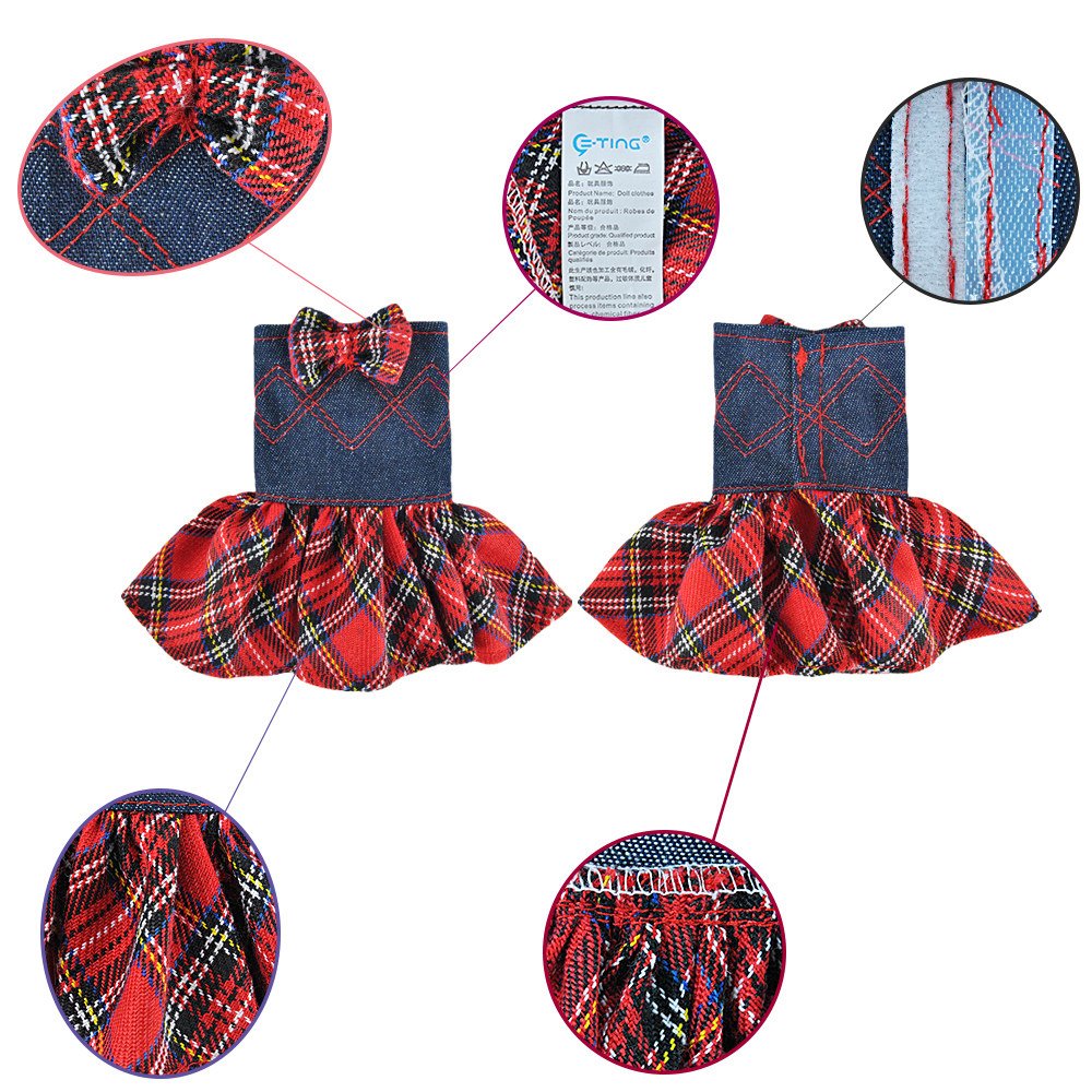 E-TING Santa Couture Clothing for elf (Red Plaid Denim Dress with Bowknot) Doll is not included