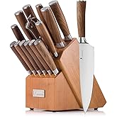 Kangdelun Natura Series 15 PCS Knife Block Set, Ultra Sharp High Carbon Stainless Steel with Wooden Handle, Golden Brown Block