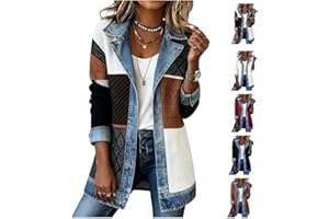 Denim Patchwork Corduroy Jacket for Women Casual Long Sleeve Button Down Shacket Loose Fit Collared Shirt for Spring Fall