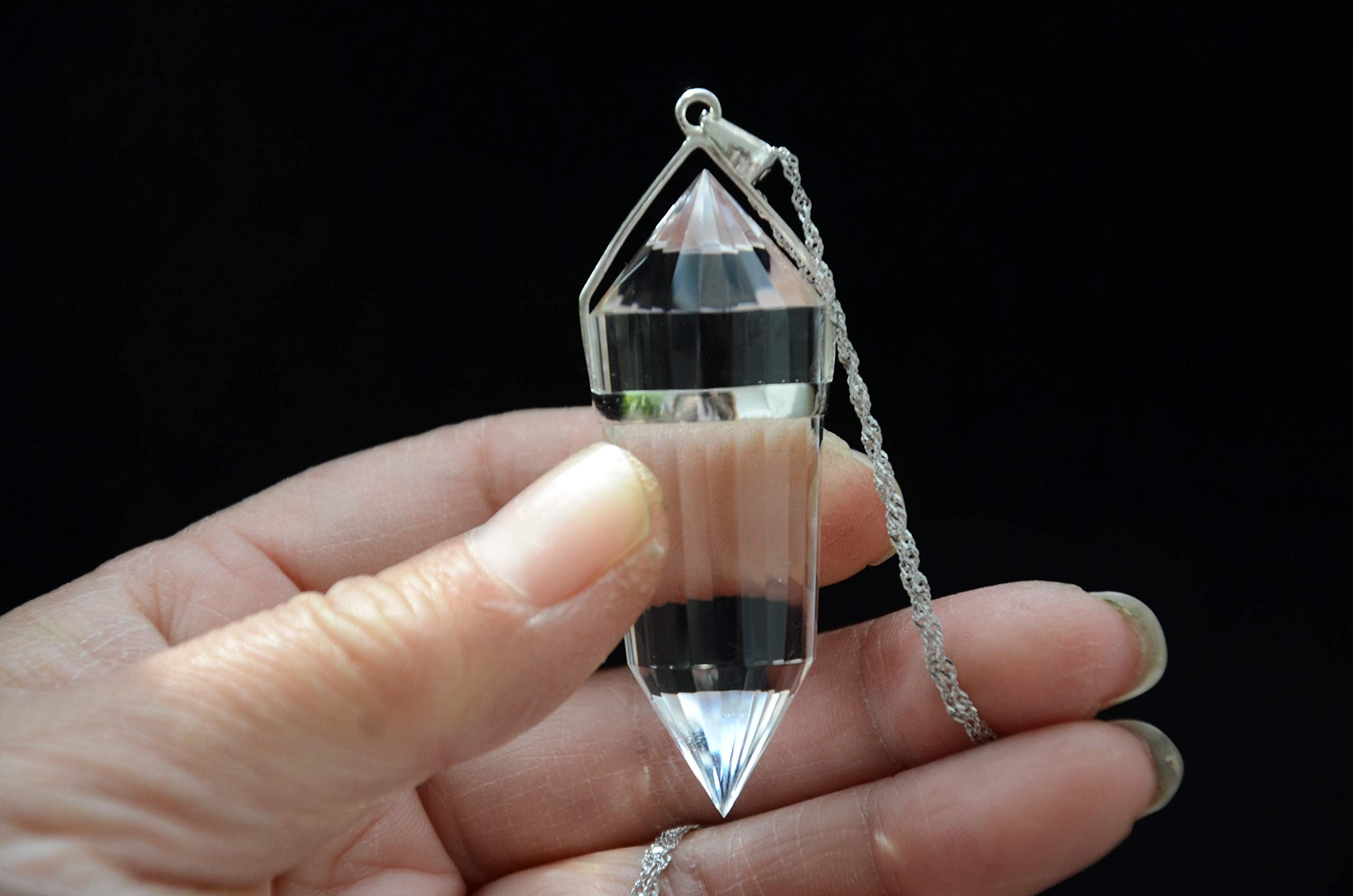 Tibet Himalayan High Altitude Clear Crystal Quartz 24 Sided Vogel 925 Silver Pendant and Chain 2.08 Inch Spiritual Reiki Healing